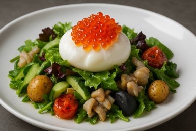 Салат с трубачом, угольным картофелем и копчёной красной икрой